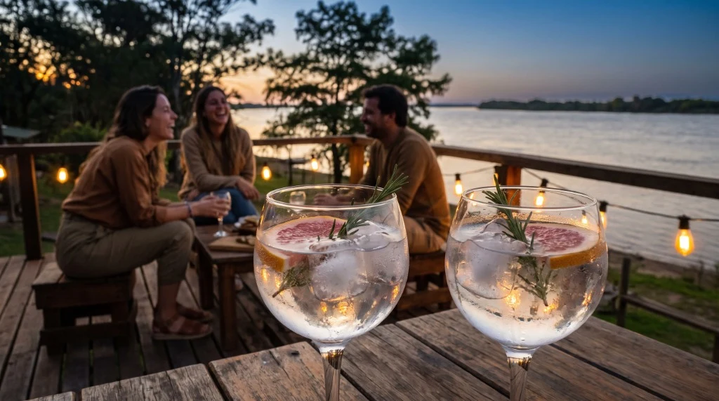 Sobremesa al atardecer junto al río Paraná compartiendo copas de Samanta Gin con amigos