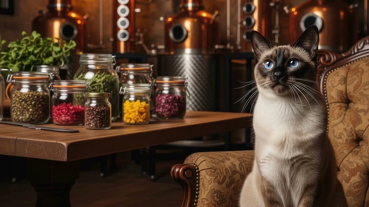 El Guardián Siamés custodiando el alambique y los botánicos en Samanta Gin